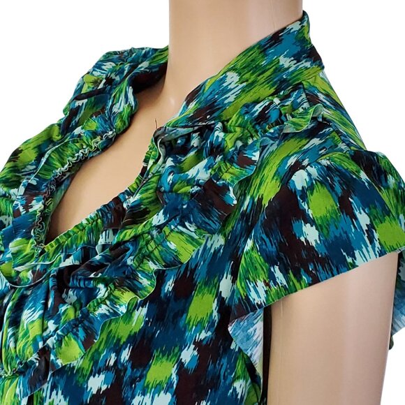 Heart Soul Blouse Top Women's Large Blue Green Ruffle Knit Stretch Cap Sleeves - Picture 4 of 13